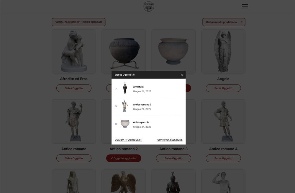 Il pop-up con l'elenco dei prodotti selezionati